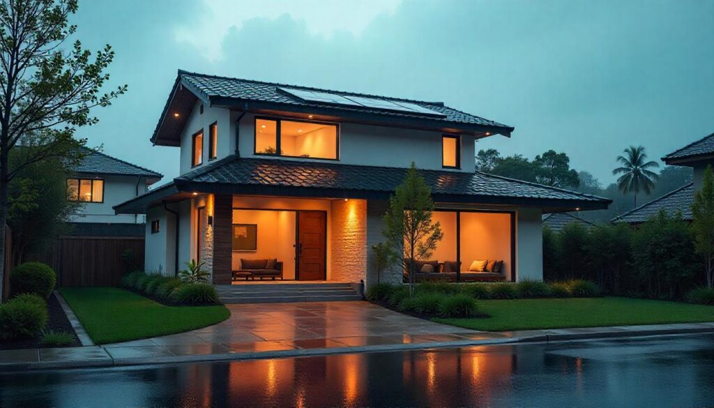 A modern home with sleek solar roof tiles blending into the architecture