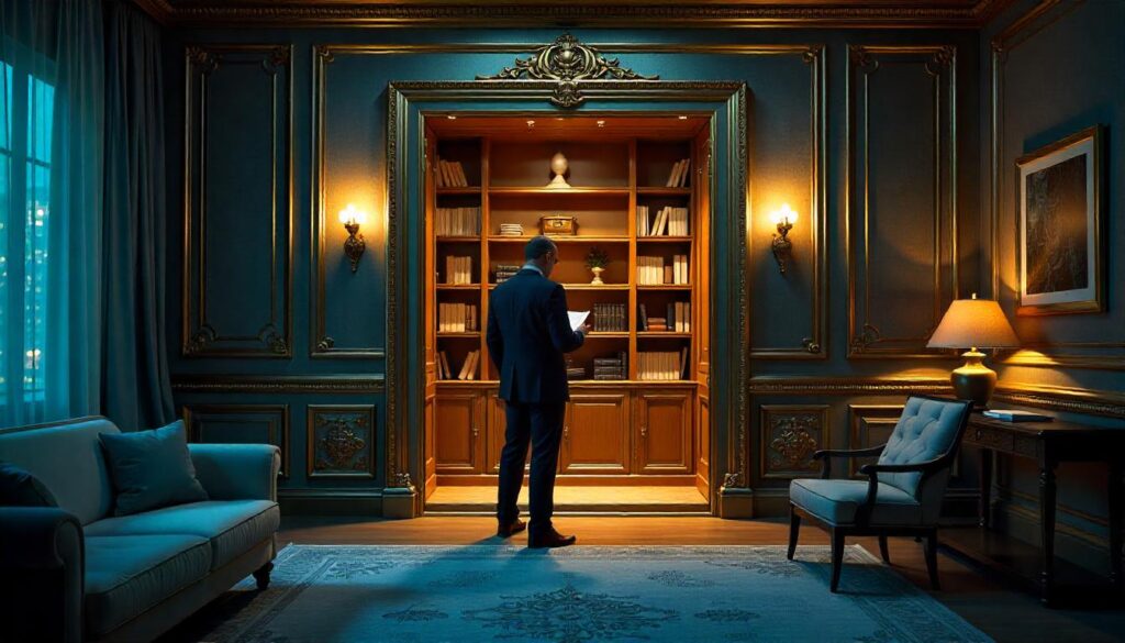 A living room with a sliding bookcase revealing a hidden room.
