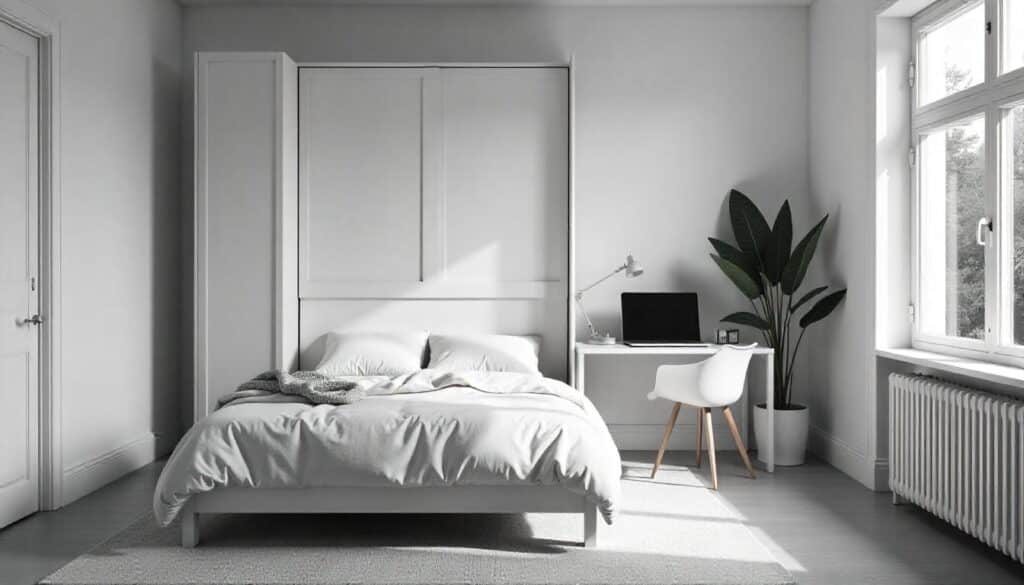 A Murphy bed transforming into a home office setup.