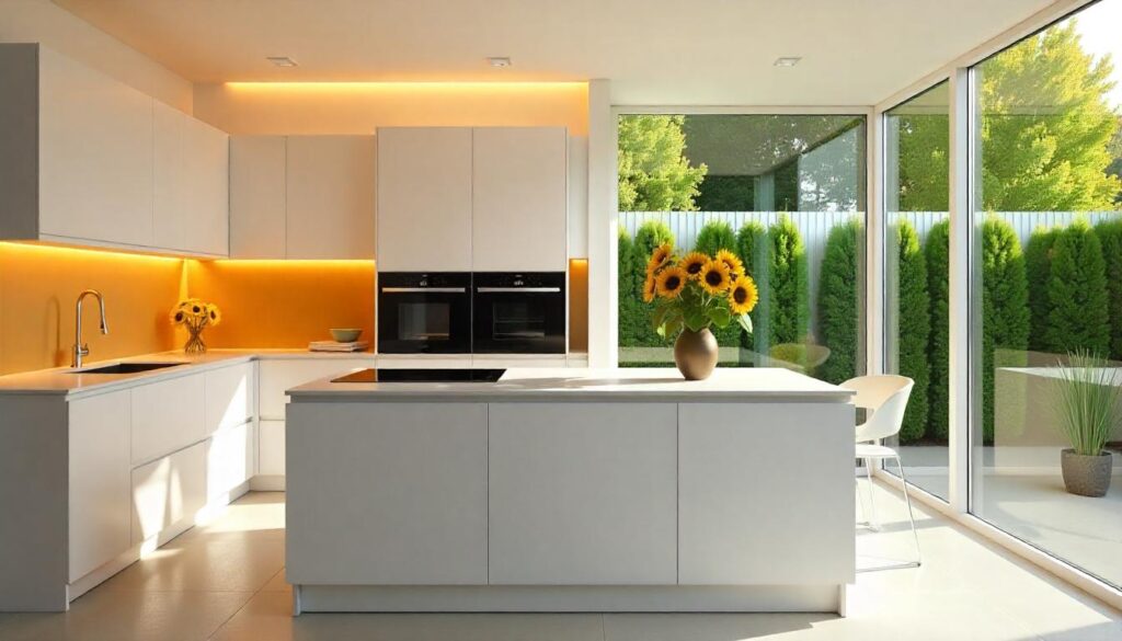 A modern kitchen with AI-powered appliances and motion-sensor faucets