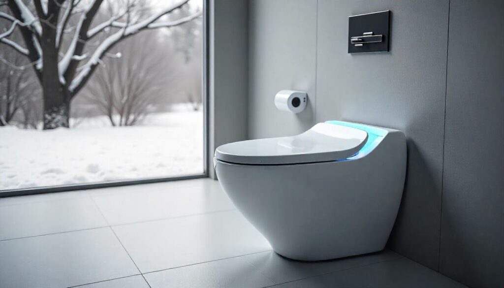 A futuristic smart toilet with a built-in bidet and night light._