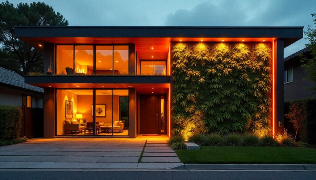 A modern home exterior with a lush vertical garden wall.