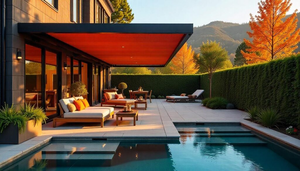  An outdoor living space with a motorized retractable pergola.