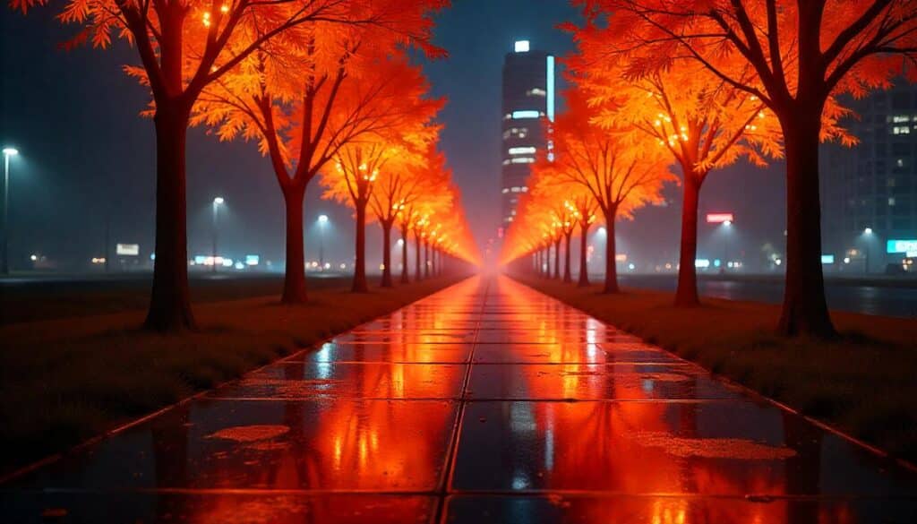 A glowing concrete pathway at night, creating a futuristic aesthetic.